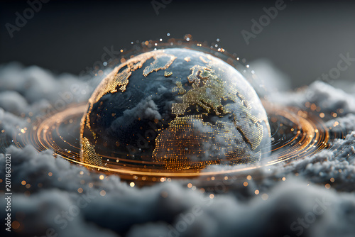 Earth globe with fiery ring and cloudy background