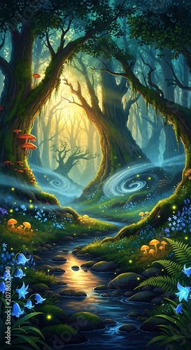 Enchanted Forest Scene with Mystical Elements and Glowing Flora.