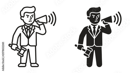 Billede på lærred Lawyer With Gavel And Megaphone: A stylized illustration depicts a determined lawyer, wearing a suit and tie, holding a gavel in one hand and a megaphone in the other