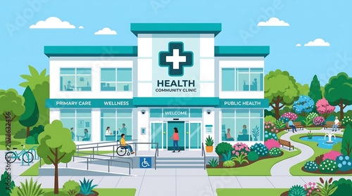Modern community health clinic building with medical staff, patients, and accessible ramp, surrounded by a lush green park with a pond and landscaping