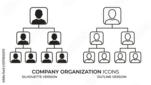 Quadro su tela Company Organization Icons: A visual representation of hierarchical business structure, showing a clear management chain with silhouette and outline versions of personnel icons