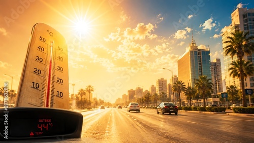 Scorching summer day in the city with a car's thermometer indicating dangerously high temperatures under a blazing sun.