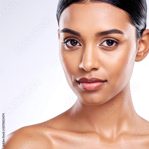 Portrait of a woman with natural makeup and braided hair.