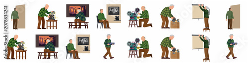 Konstfotografi Senior Man Using Vintage Movie Projector Character Illustration Set in Various P