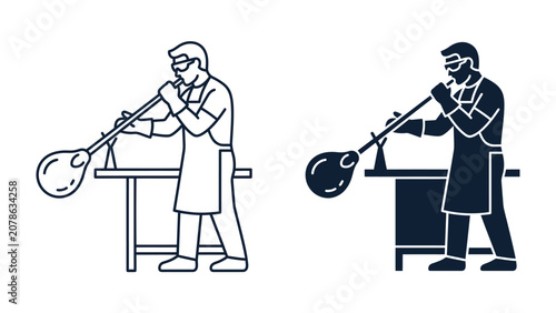 Canvastavla Glassblowing Artisan: Two graphic illustrations depict a skilled artisan engaged in the ancient craft of glassblowing, shaping molten glass with a blowpipe on a workbench