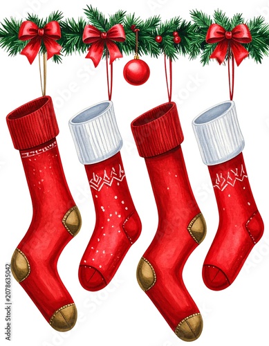 Red Christmas stockings with candy canes and presents.