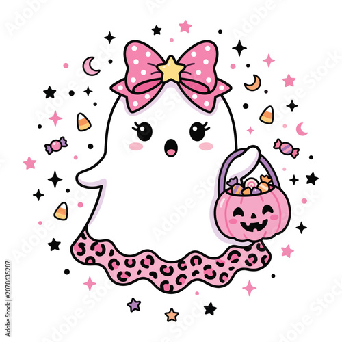 Fotografía Cute Pink Halloween Ghost with Leopard Bow and Candy Bucket Kawaii Vector Illust