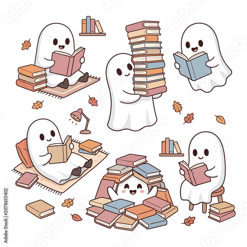 Fotografi Cute Reading Ghost Collection with Books and Cozy Autumn Kawaii Vector Set