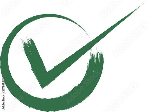 Green check mark in circle brush stroke, hand drawn grunge tick sign for verification