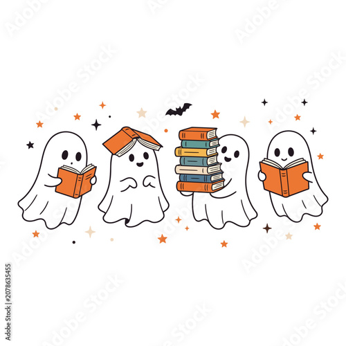 Slika na platnu Cute Reading Ghost Halloween Sticker Set with Books and Kawaii Vector Collection