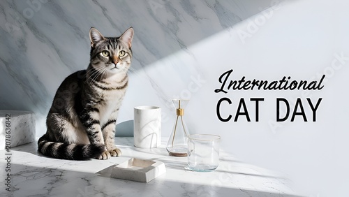 Stylish feline portrait in minimalist bright interior for International Cat Day