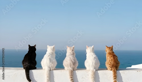Five different cats sitting on a white wall looking at the blue sea