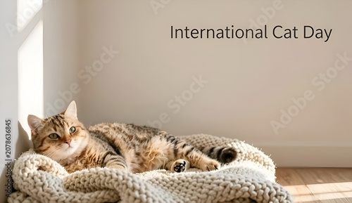 Cozy tabby cat relaxing on a knitted blanket in soft morning sunlight