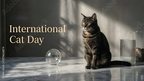 Elegant tabby cat sitting on marble table in morning sunlight with text International Cat Day