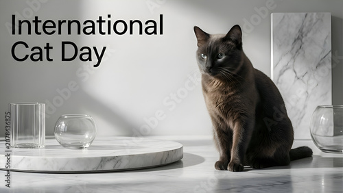 International Cat Day greeting card with majestic dark siamese cat sitting on white luxury marble surface