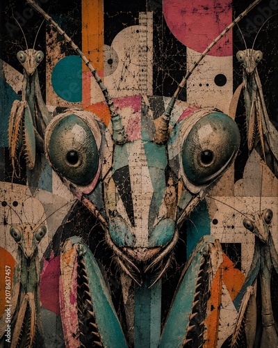 Surreal Praying Mantis Portrait Collage with Abstract Geometric Shapes and Vintage Paper Texture