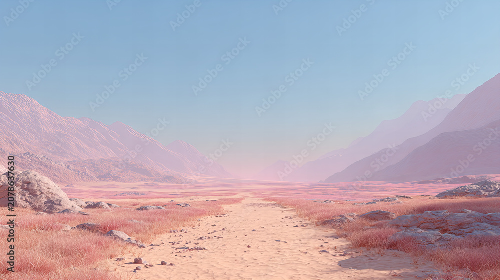 Obraz premium Dreamy pastel desert landscape with dusty road, distant mountains and soft pink tones. Minimal surreal wilderness scene with copy space, tranquil atmosphere and cinematic scenery.