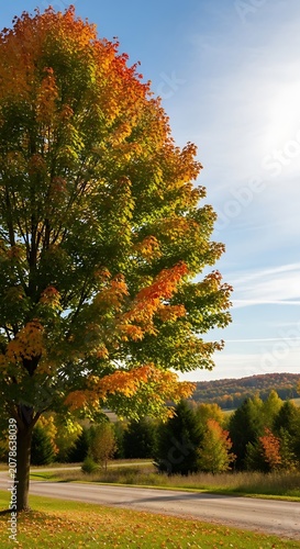 Vibrant Autumn Tree with Colorful Foliage and Clear Sky Landscape Scene.