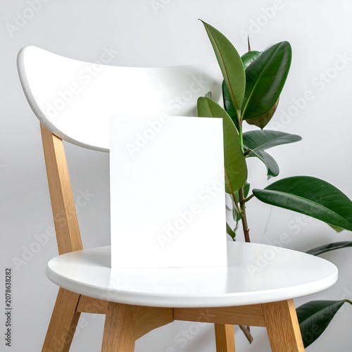 A white rectangular object sits on a white chair with wooden legs and a plant in the background