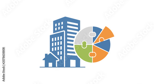 Real Estate Business Analytics: Pie Chart Puzzle and Building Icons