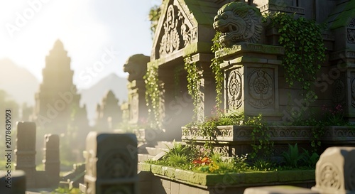 Ancient Cemetery with Historic Tombstones and Overgrown Vegetation at Dawn.