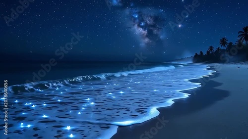 Bioluminescent Beach (Bioluminescent Sea): Under the cover of night, bioluminescent plankton, swaying in the waves, transform the entire beach into a glowing blue spectacle, like a galaxy scattered 