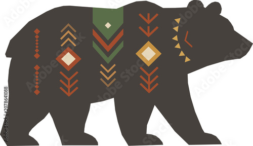 Scandinavian folk art bear silhouette with geometric ornaments. Traditional Nordic tribal animal illustration.