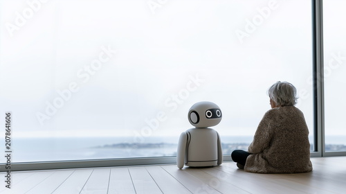 An elderly person sitting by a wide window overlooking the sea, gazing out, and a robot accompanying them from the side. AI Healthcare, Silver Town, Senior Life, Future Technology.