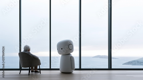 An elderly person sitting in a chair by a wide window overlooking the sea, looking out the window, and a robot watching from the side. AI Healthcare, Silver Town, Senior Life, Future Technology.