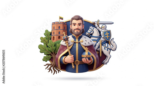 Foto King Holding Orb With Castle And Knight Illustration.