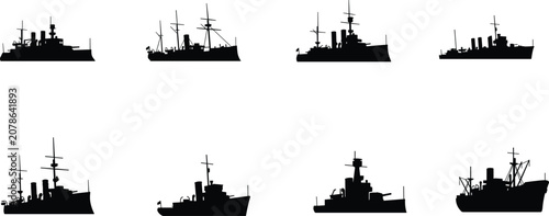 Φωτογραφία Historic Naval Warship Silhouette Collection Featuring Battleships, Destroyers,