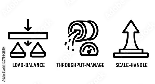 Data management and network traffic optimization icons set with loadbalance throughput optimization management performance infrastructure capacity processing bandwidth connection computing