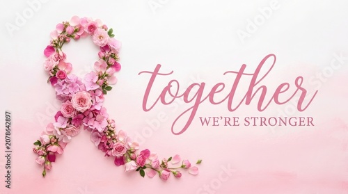 Breast cancer awareness ribbon with pink flowers and inspirational quote