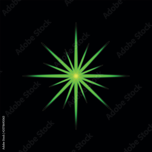 Green starburst shape with yellow center on dark background  abstract graphic element