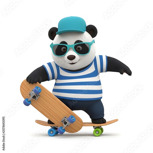3 d cartoon panda character wearing a blue cap and sunglasses, balancing on a wooden skateboard against a plain white background