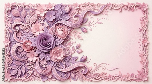 Intricate paper cut floral border in pastel lavender and pink tones