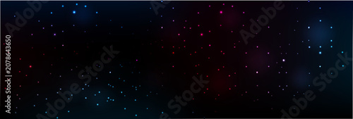 Abstract dark background featuring blue and red glowing particles and soft bokeh lights creating a panoramic digital space texture effect.