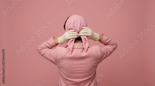 Woman tying headscarf pink suit protective gloves back view