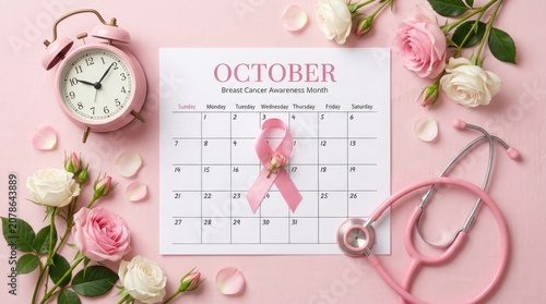 October breast cancer awareness campaign with calendar ribbon and medical tools