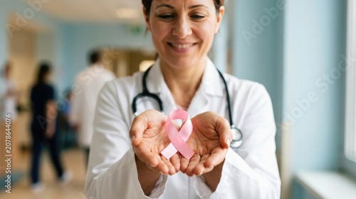Female doctor holding pink ribbon for breast cancer awareness campaign