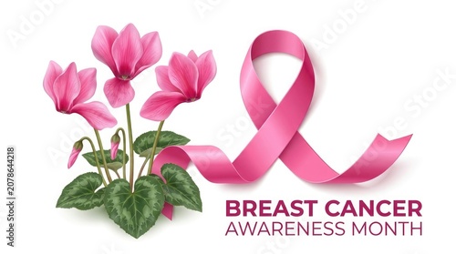 Breast cancer awareness month pink ribbon and flowers