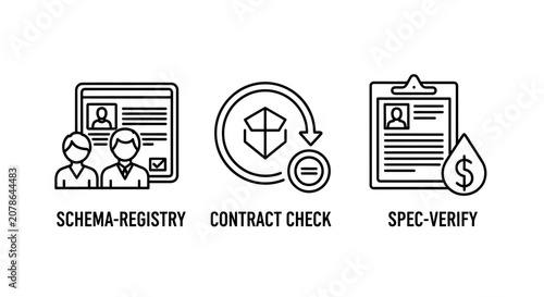 Schema registry contract check specification verification icons with registry contract verification business validation identity compliance management document analysis database information