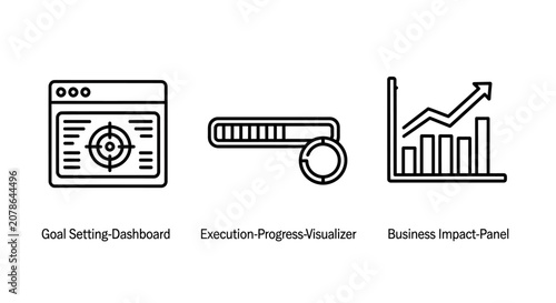 Business process and development icon set representing web search optimization loading progress and growth strategy with optimization progress strategy business development performance analytics