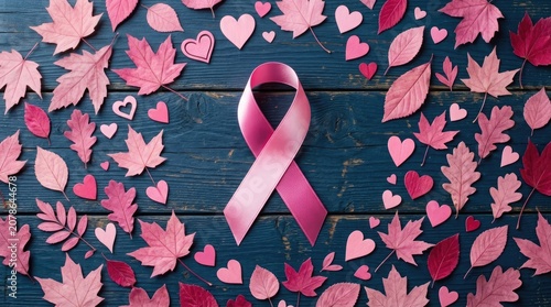 Pink ribbon with autumn leaves and hearts on rustic wood background