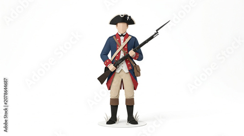 Tableau sur toile American Revolutionary War soldier holding a musket standing against a white background