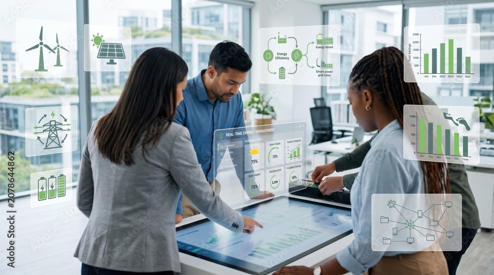Fototapeta premium Diverse business team analyzing holographic energy data charts on interactive table, smart office meeting, green technology innovation, sustainability planning, future concept