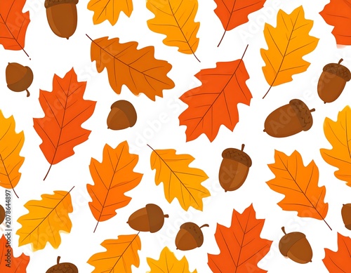Colorful illustration of autumn leaves and acorns on white background