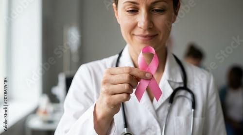 Female doctor holding pink breast cancer awareness ribbon