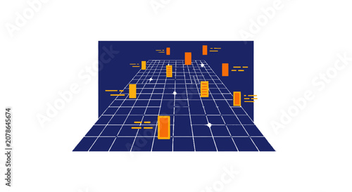 Tableau sur toile Perspective digital grid with floating data monoliths