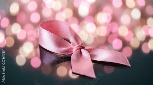 Pink satin ribbon bow with blurred bokeh lights festive gift presentation